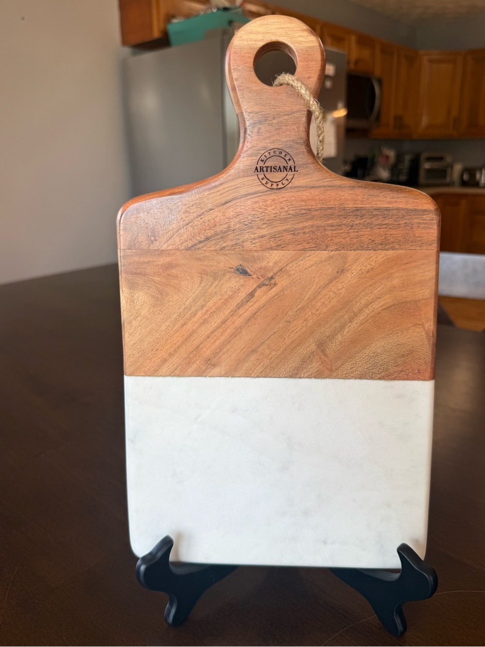 Artisanal Two-Tone Wood and White Marble Serving Board